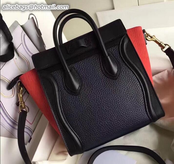 Top Grade Celine Nano Luggage Bag in Original Black/Drummed Navy Blue/Crinkled Red with Removable Shoulder Strap C090906