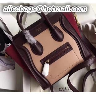 Luxury Celine Nano Luggage Bag in Original Smooth Calfskin Burgundy/Beige/Suede Red with Removable Shoulder Strap C09090