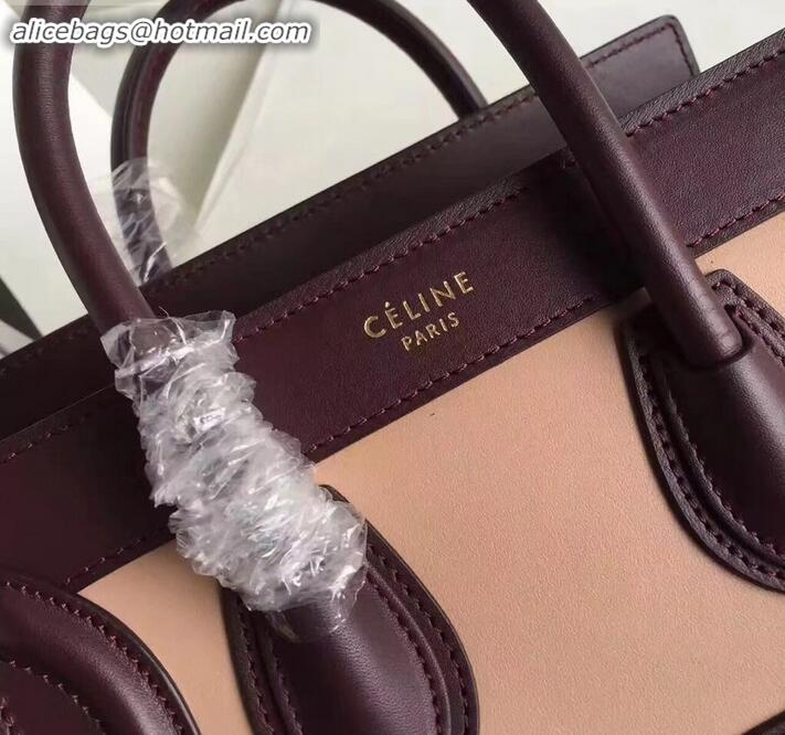 Luxury Celine Nano Luggage Bag in Original Smooth Calfskin Burgundy/Beige/Suede Red with Removable Shoulder Strap C09090