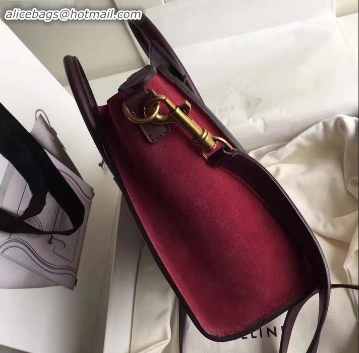 Luxury Celine Nano Luggage Bag in Original Smooth Calfskin Burgundy/Beige/Suede Red with Removable Shoulder Strap C09090