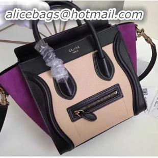 Discount Celine Nano Luggage Bag in Original Black/Drummed Beige/Suede Purple with Removable Shoulder Strap C090906