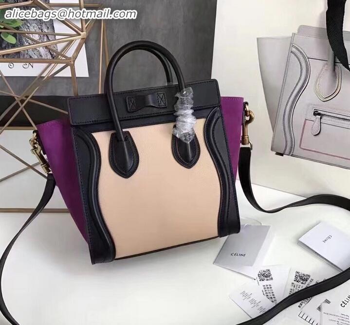 Discount Celine Nano Luggage Bag in Original Black/Drummed Beige/Suede Purple with Removable Shoulder Strap C090906