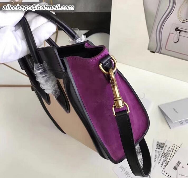 Discount Celine Nano Luggage Bag in Original Black/Drummed Beige/Suede Purple with Removable Shoulder Strap C090906