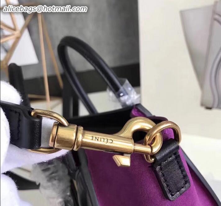 Discount Celine Nano Luggage Bag in Original Black/Drummed Beige/Suede Purple with Removable Shoulder Strap C090906