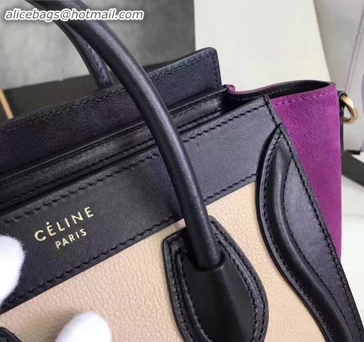 Discount Celine Nano Luggage Bag in Original Black/Drummed Beige/Suede Purple with Removable Shoulder Strap C090906