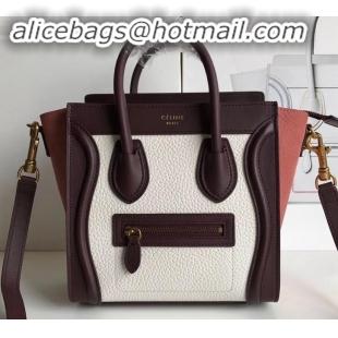 Fashion Celine Nano Luggage Bag in Original Burgundy/Drummed White/Crinkled Brick Red with Removable Shoulder Strap C090