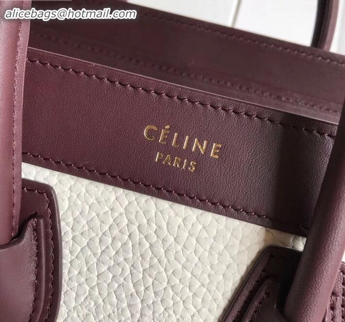 Fashion Celine Nano Luggage Bag in Original Burgundy/Drummed White/Crinkled Brick Red with Removable Shoulder Strap C090