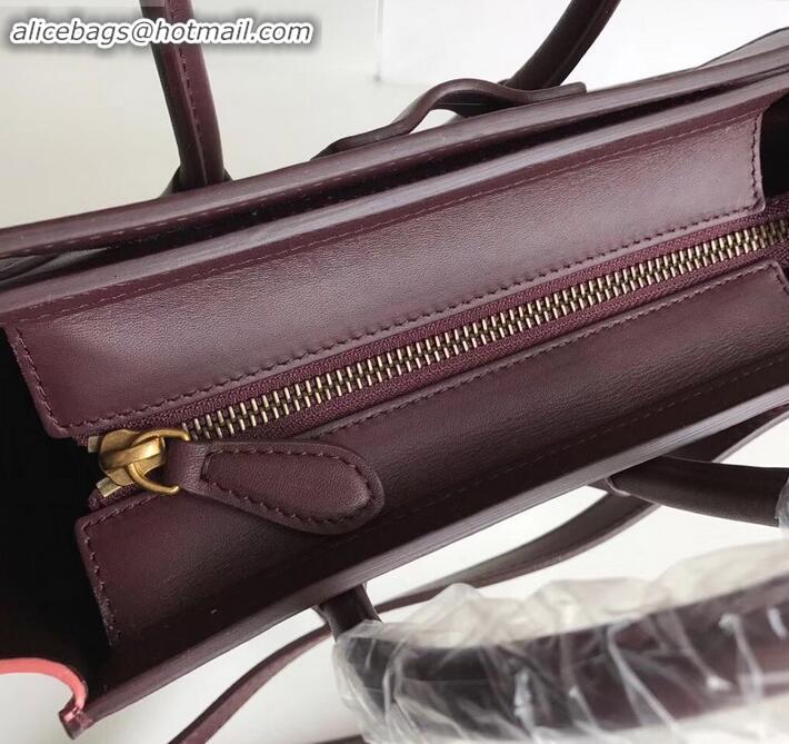 Fashion Celine Nano Luggage Bag in Original Burgundy/Drummed White/Crinkled Brick Red with Removable Shoulder Strap C090