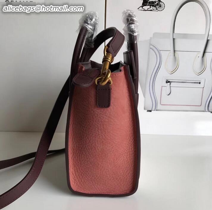 Fashion Celine Nano Luggage Bag in Original Burgundy/Drummed White/Crinkled Brick Red with Removable Shoulder Strap C090