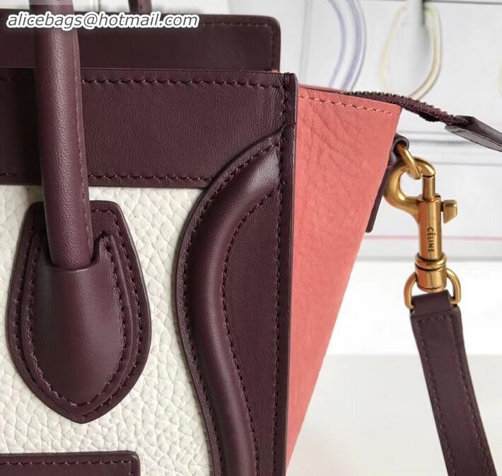 Fashion Celine Nano Luggage Bag in Original Burgundy/Drummed White/Crinkled Brick Red with Removable Shoulder Strap C090