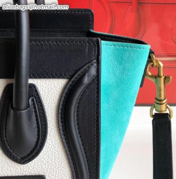 Purchase Celine Nano Luggage Bag in Original Black/Drummed White/Suede Turquoise with Removable Shoulder Strap C090906