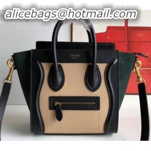 Top Design Celine Nano Luggage Bag in Original Black/Drummed Beige/Suede Dark Green with Removable Shoulder Strap C09090