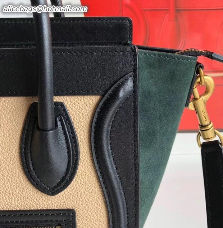 Top Design Celine Nano Luggage Bag in Original Black/Drummed Beige/Suede Dark Green with Removable Shoulder Strap C09090