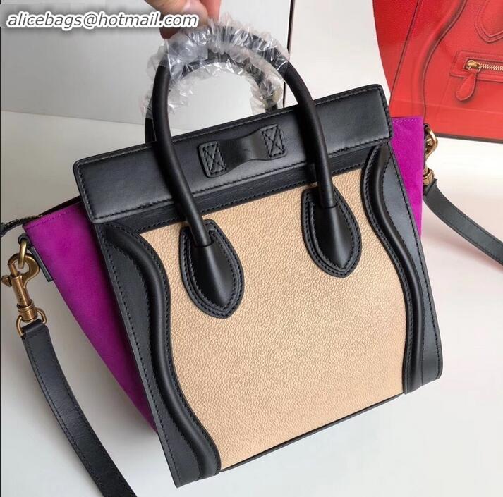 Best Product Celine Nano Luggage Bag in Original Black/Drummed Beige/Suede Light Purple with Removable Shoulder Strap C0