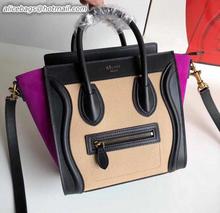 Best Product Celine Nano Luggage Bag in Original Black/Drummed Beige/Suede Light Purple with Removable Shoulder Strap C0