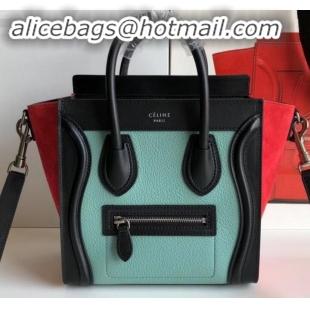 Classic Specials Celine Nano Luggage Bag in Original Black/Drummed Light Green/Suede Red with Removable Shoulder Strap C