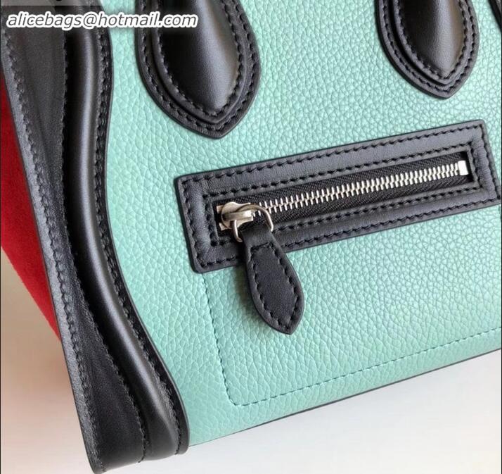 Classic Specials Celine Nano Luggage Bag in Original Black/Drummed Light Green/Suede Red with Removable Shoulder Strap C