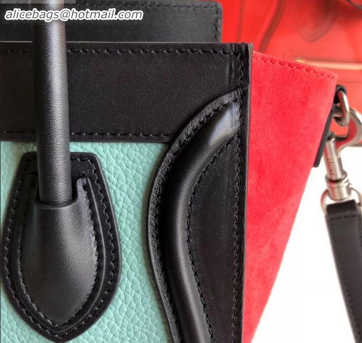 Classic Specials Celine Nano Luggage Bag in Original Black/Drummed Light Green/Suede Red with Removable Shoulder Strap C