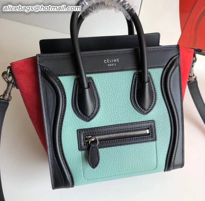 Classic Specials Celine Nano Luggage Bag in Original Black/Drummed Light Green/Suede Red with Removable Shoulder Strap C