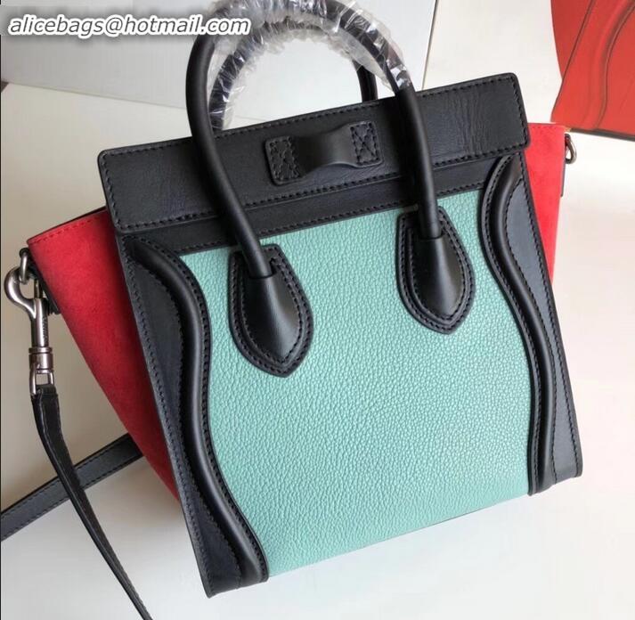 Classic Specials Celine Nano Luggage Bag in Original Black/Drummed Light Green/Suede Red with Removable Shoulder Strap C