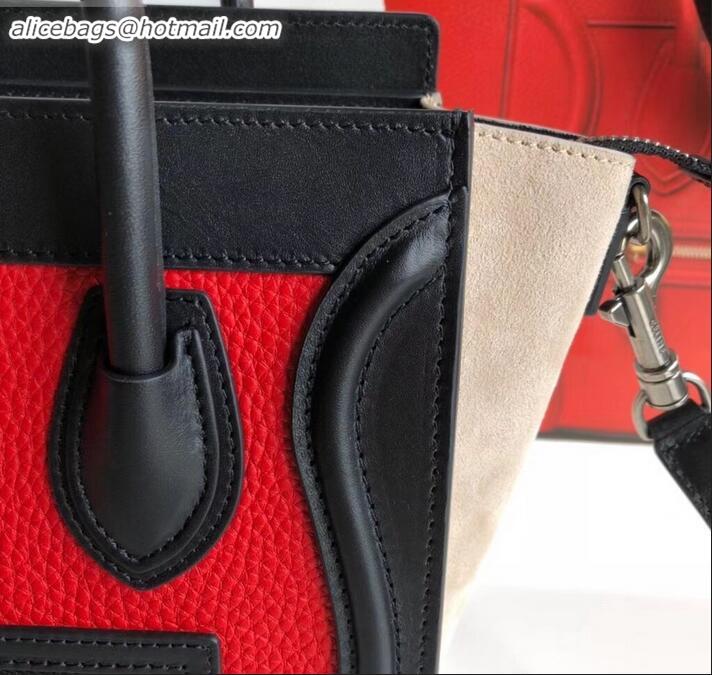 Good Product Celine Nano Luggage Bag in Original Black/Drummed Red/Suede Beige with Removable Shoulder Strap C090906