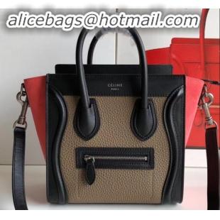 Original Cheap Celine Nano Luggage Bag in Original Black/Drummed Beige/Suede Rouge Red with Removable Shoulder Strap C09