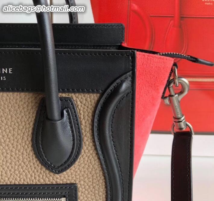 Original Cheap Celine Nano Luggage Bag in Original Black/Drummed Beige/Suede Rouge Red with Removable Shoulder Strap C09