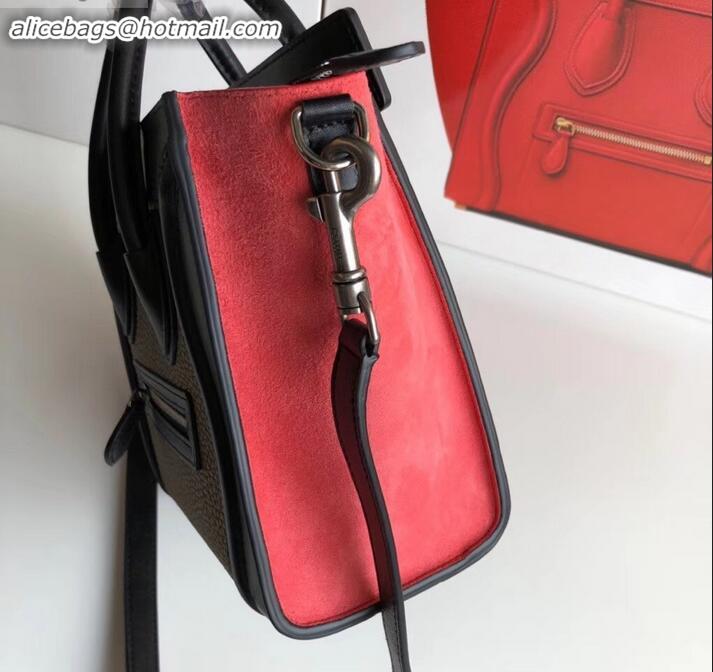 Original Cheap Celine Nano Luggage Bag in Original Black/Drummed Beige/Suede Rouge Red with Removable Shoulder Strap C09