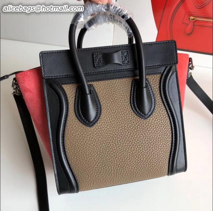 Original Cheap Celine Nano Luggage Bag in Original Black/Drummed Beige/Suede Rouge Red with Removable Shoulder Strap C09