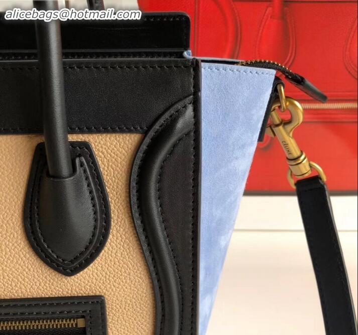 Charming Celine Nano Luggage Bag in Original Black/Drummed Beige/Suede Sky Blue with Removable Shoulder Strap C090906