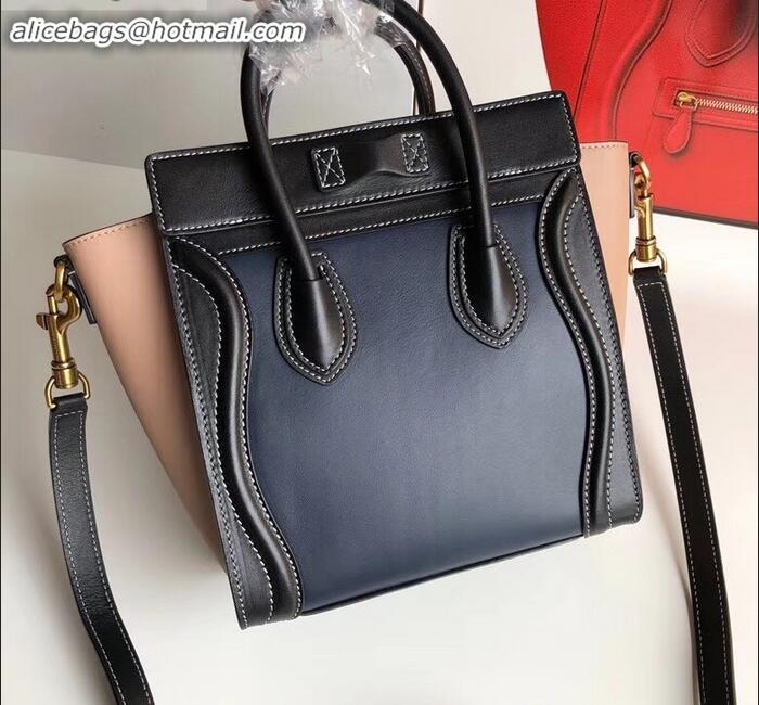 Stylish Celine Nano Luggage Bag in Original Smooth Calfskin Black/Navy Blue/Beige with Removable Shoulder Strap C090906