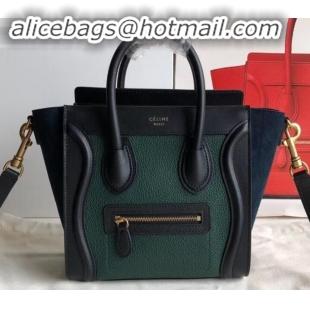 Stylish Celine Nano Luggage Bag in Original Black/Drummed Green/Suede Blue with Removable Shoulder Strap C090906