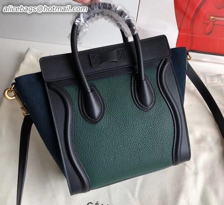 Stylish Celine Nano Luggage Bag in Original Black/Drummed Green/Suede Blue with Removable Shoulder Strap C090906