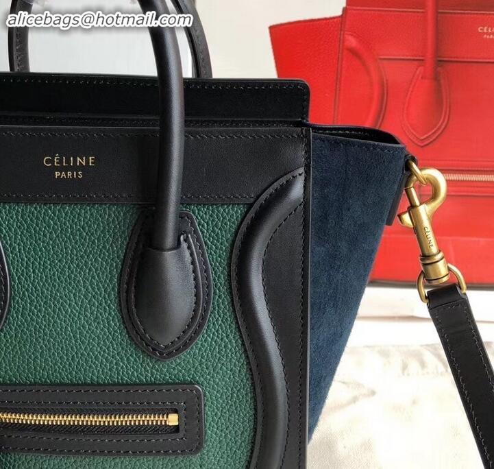 Stylish Celine Nano Luggage Bag in Original Black/Drummed Green/Suede Blue with Removable Shoulder Strap C090906