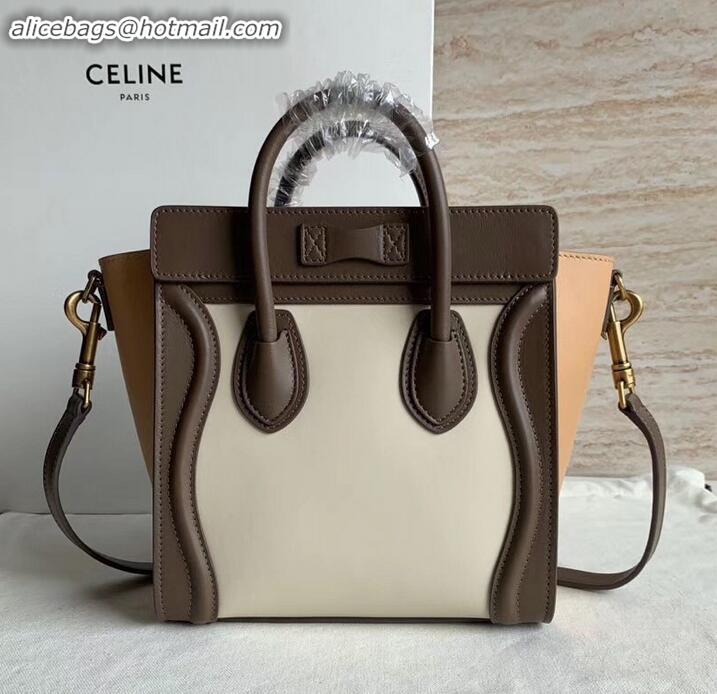 1:1 aaaaa Celine Nano Luggage Bag in Original Smooth Calfskin Etoupe/White/Apricot with Removable Shoulder Strap C090906