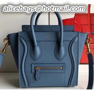 Luxury Discount Celine Nano Luggage Bag in Original Drummed Calfskin Denim Blue with Removable Shoulder Strap C090906