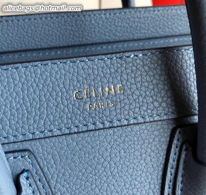 Luxury Discount Celine Nano Luggage Bag in Original Drummed Calfskin Denim Blue with Removable Shoulder Strap C090906