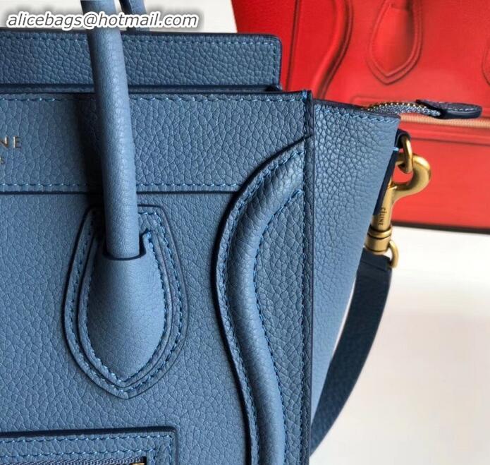 Luxury Discount Celine Nano Luggage Bag in Original Drummed Calfskin Denim Blue with Removable Shoulder Strap C090906