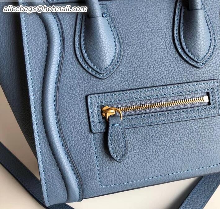 Luxury Discount Celine Nano Luggage Bag in Original Drummed Calfskin Denim Blue with Removable Shoulder Strap C090906