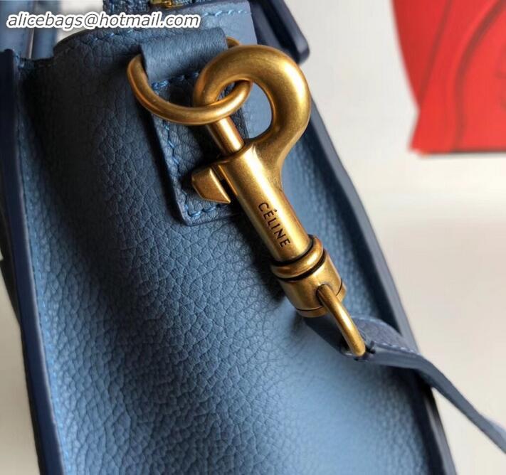 Luxury Discount Celine Nano Luggage Bag in Original Drummed Calfskin Denim Blue with Removable Shoulder Strap C090906