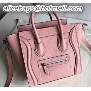 Sophisticated Celine Nano Luggage Bag in Original Drummed Calfskin Light Pink with Removable Shoulder Strap C090906