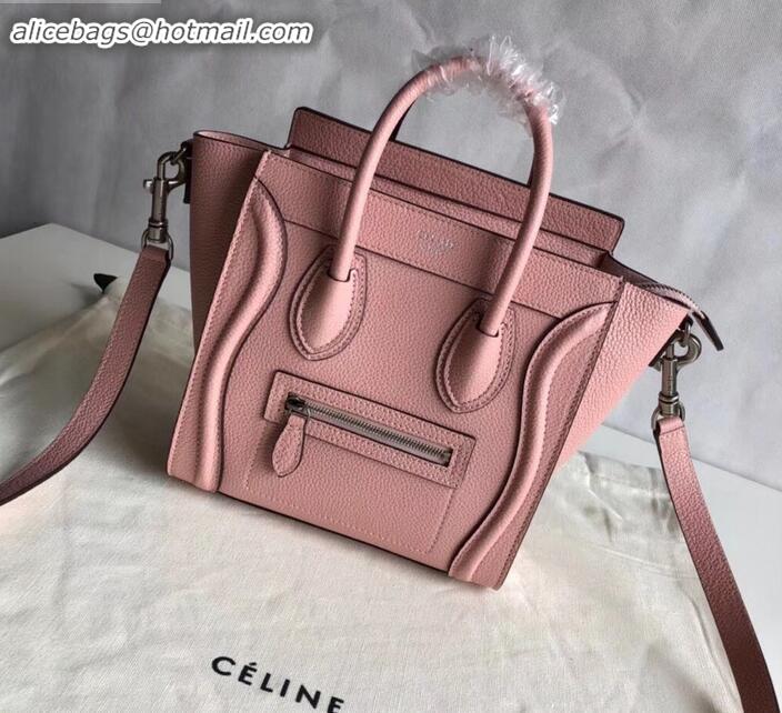 Sophisticated Celine Nano Luggage Bag in Original Drummed Calfskin Light Pink with Removable Shoulder Strap C090906