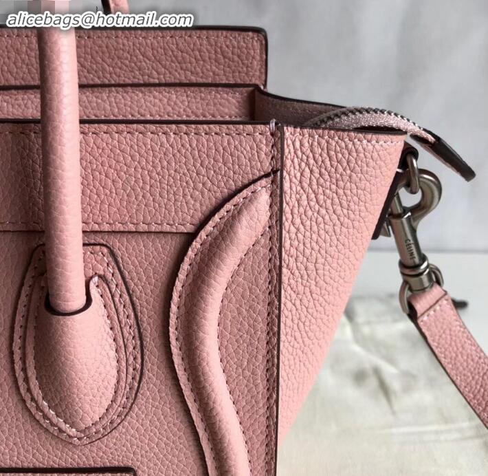 Sophisticated Celine Nano Luggage Bag in Original Drummed Calfskin Light Pink with Removable Shoulder Strap C090906