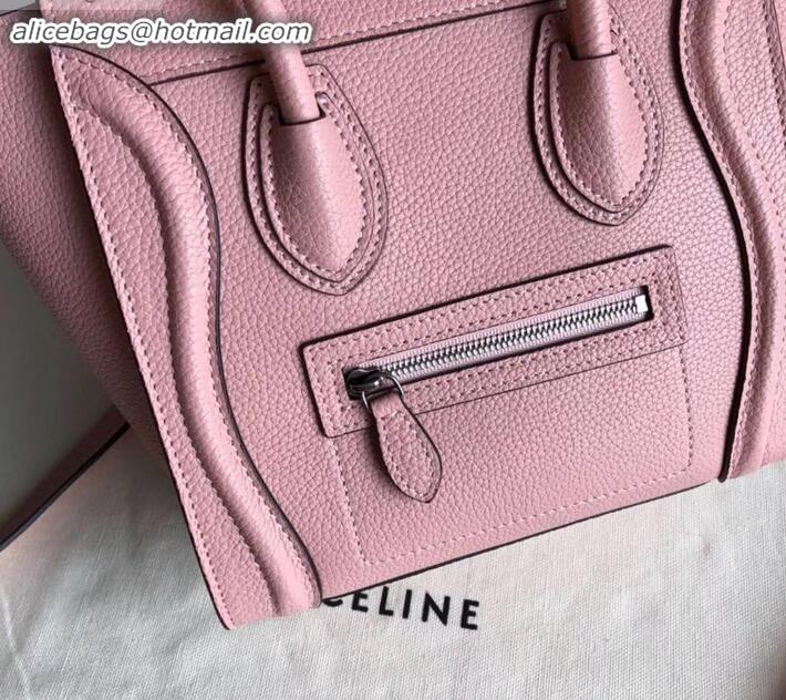 Sophisticated Celine Nano Luggage Bag in Original Drummed Calfskin Light Pink with Removable Shoulder Strap C090906