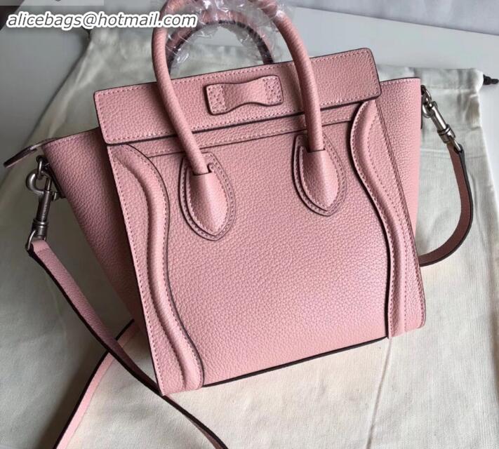 Sophisticated Celine Nano Luggage Bag in Original Drummed Calfskin Light Pink with Removable Shoulder Strap C090906