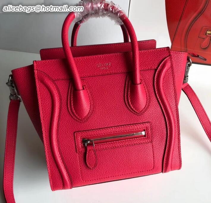 Design Cheap Celine Nano Luggage Bag in Original Drummed Calfskin Red with Removable Shoulder Strap C090906