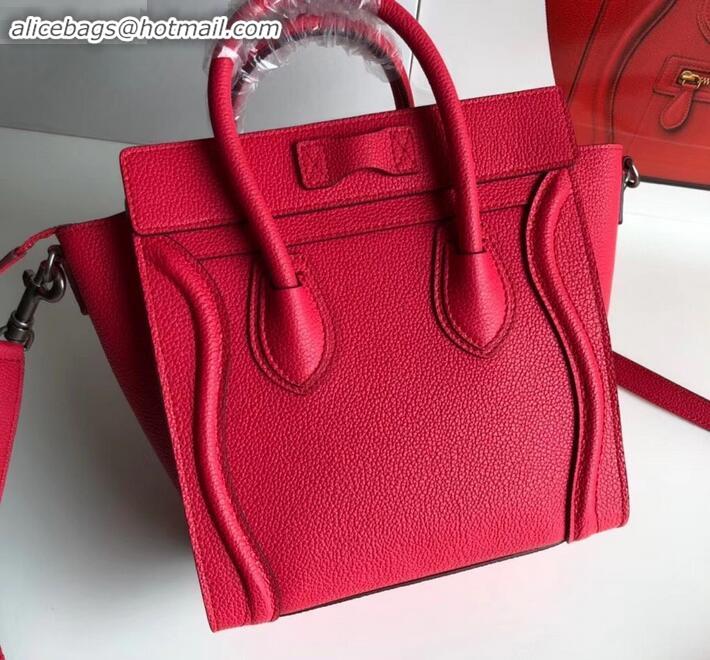 Design Cheap Celine Nano Luggage Bag in Original Drummed Calfskin Red with Removable Shoulder Strap C090906