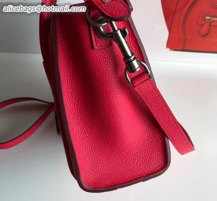 Design Cheap Celine Nano Luggage Bag in Original Drummed Calfskin Red with Removable Shoulder Strap C090906