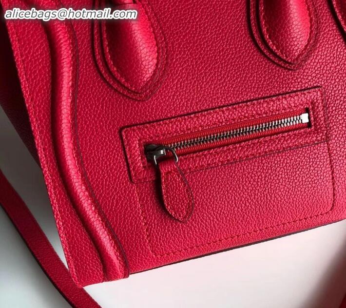 Design Cheap Celine Nano Luggage Bag in Original Drummed Calfskin Red with Removable Shoulder Strap C090906