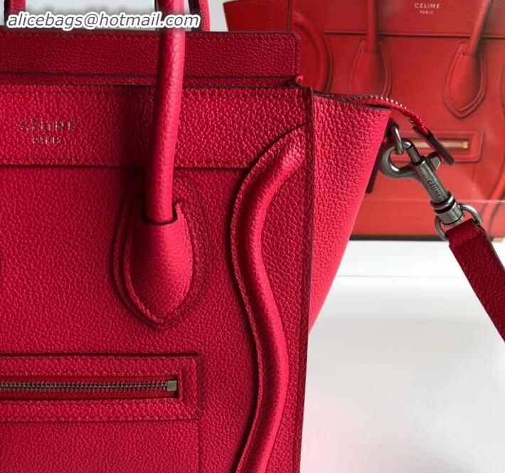 Design Cheap Celine Nano Luggage Bag in Original Drummed Calfskin Red with Removable Shoulder Strap C090906